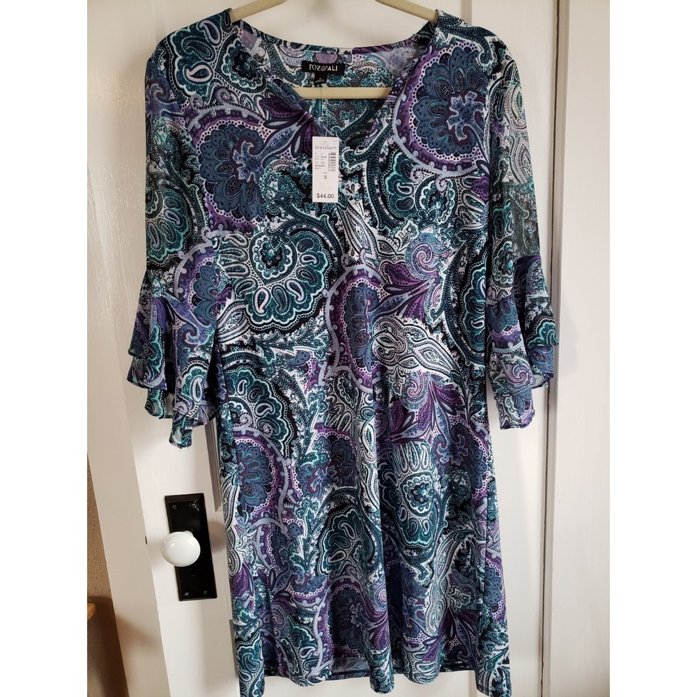 Roz & Ali Dress Womens Sz Small Multicolor Floral Print Bell Sleeve Stretch NWT